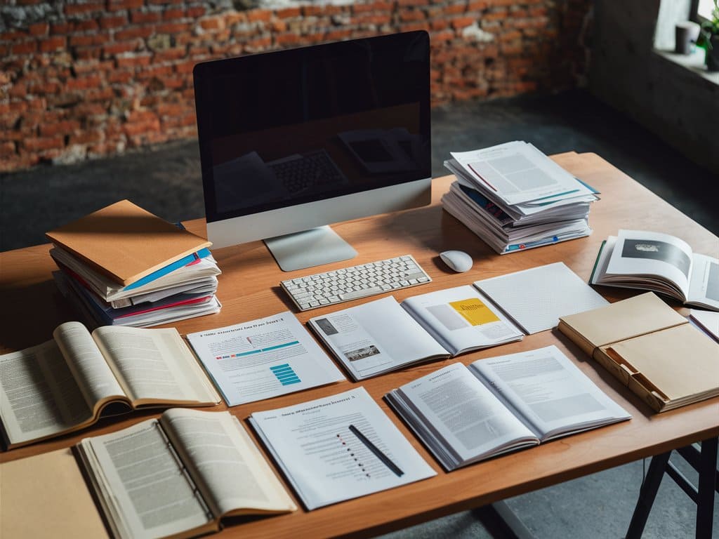 un bureau avec plusieurs livres et un pc qui sert au recueil d'informations